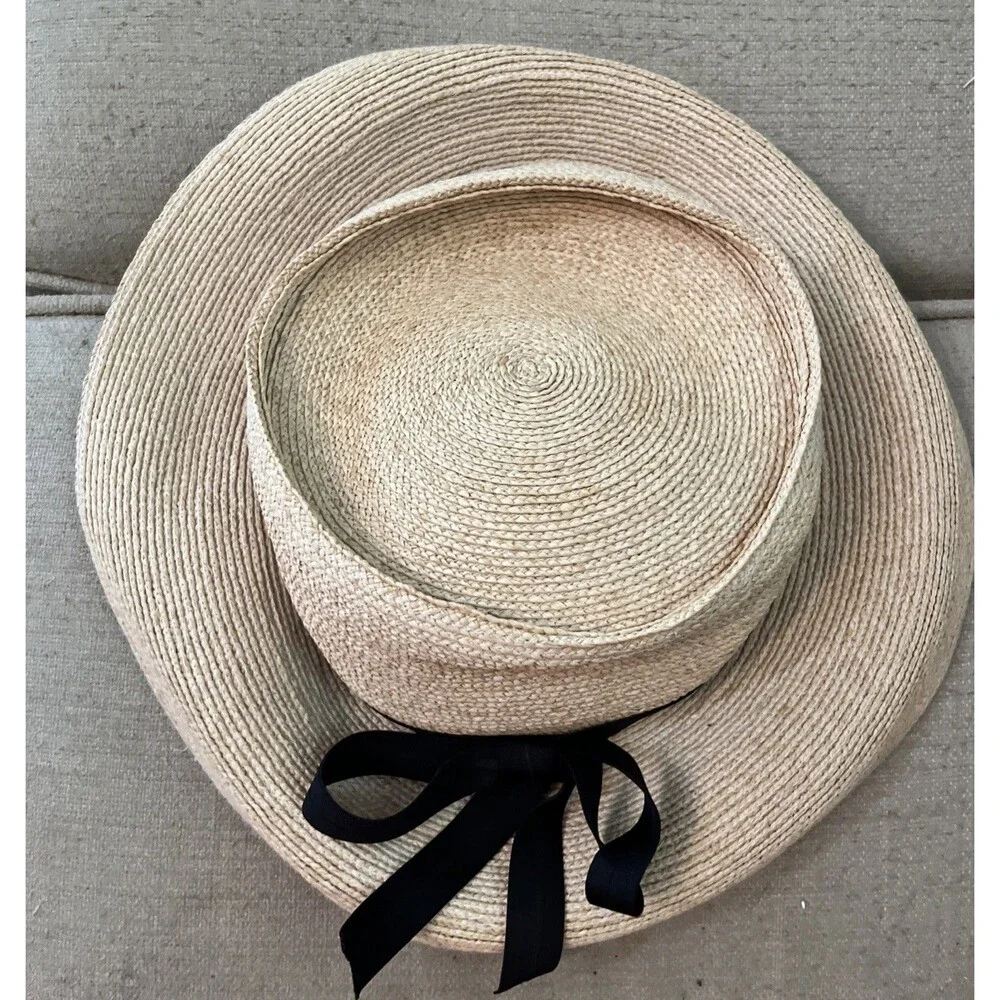 Annabel Ingall Tan Straw Sun Hat Wide Brim Black Ribbon Packable Australia